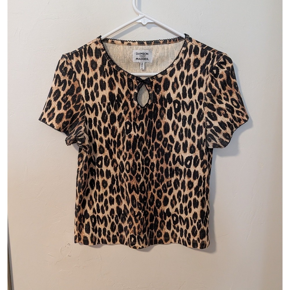 Damson Madder Leopard Print Keyhole Ribbed Baby Tee US 10 Marnie Short Sleeve